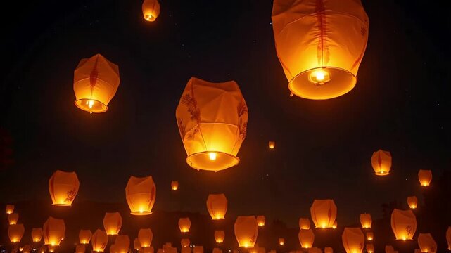 Sky lanterns glowing warmly as they float upwards into the night sky during a festival or celebration creating a magical atmosphere