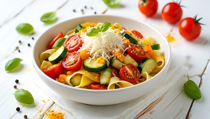 Pasta primavera with fresh vegetables and parmesan cheese healthy vegetarian dish