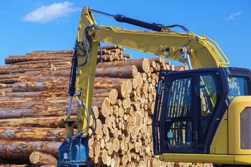 Obraz premium 青空の下で並ぶ丸太と重機の風景