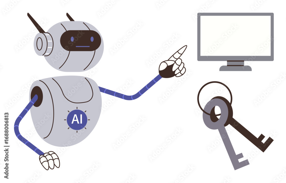 Aufkleber ai robot gesturing towards keys and computer monitor, symbolizing digital access, technology, cybers