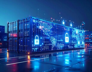 Futuristic shipping container with glowing security interface. Cityscape background