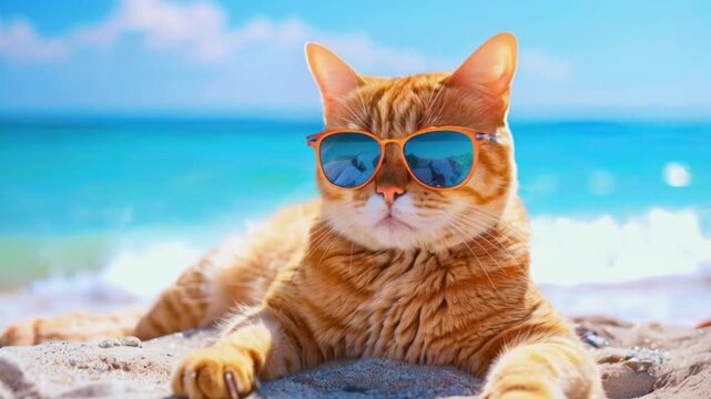 Cool cat hanging at the beach in sunglasses. Summer kitty by the sea. Sunbathing pet in shades..