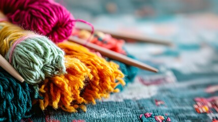 Vibrant Yarn Balls and Knitting Needles Close Up