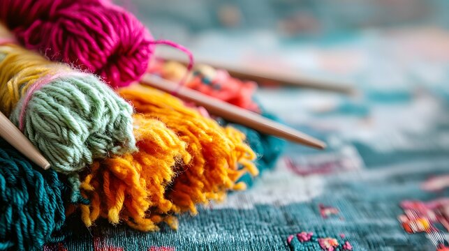 Vibrant Yarn Balls and Knitting Needles Close Up