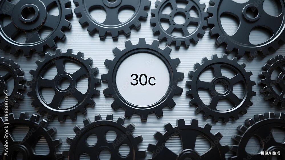 Aufkleber interlocking gears with central '30c' label on metallic background