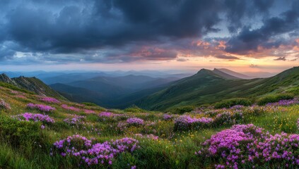 Mountain panorama at sunset with wildflowers