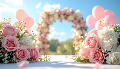 Enchanting Floral Arch: A picturesque scene unfolds beneath a clear blue sky, where a romantic floral arch, adorned with soft pink and white roses.