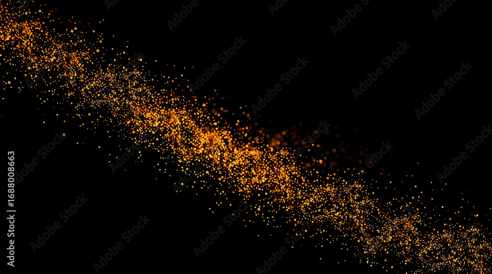 Poster abstract golden glitter stream on black background, creating a dynamic and elegant design element fo
