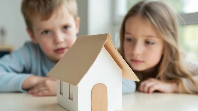 two children are looking at a piggy bank from behind a paper house