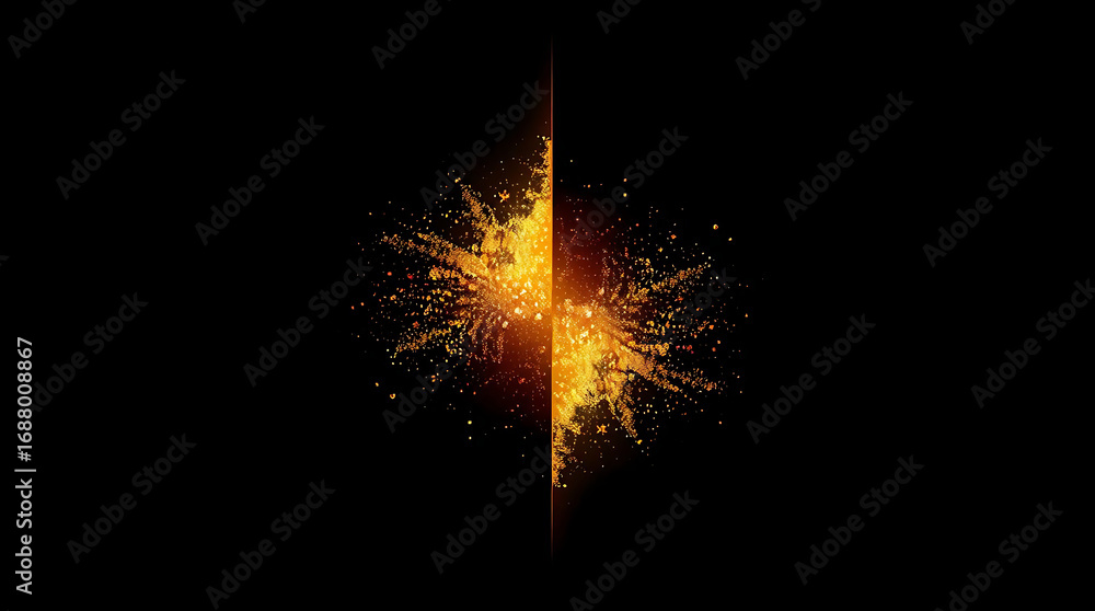 Poster explosion of golden glitter creates a dynamic and symmetrical effect on a black background for desig