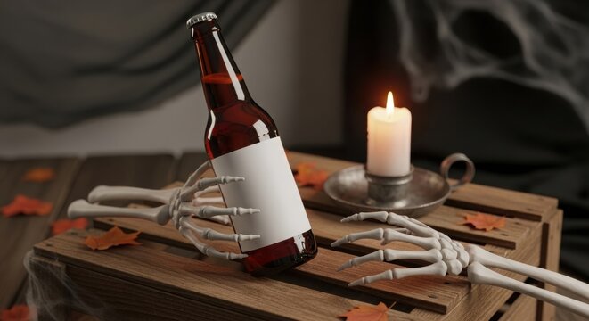Halloween beer bottle with blank label held by skeleton hands on wooden crate with candle
