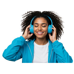 Young woman enjoying music with blue headphones experiencing pure audio bliss transparent background