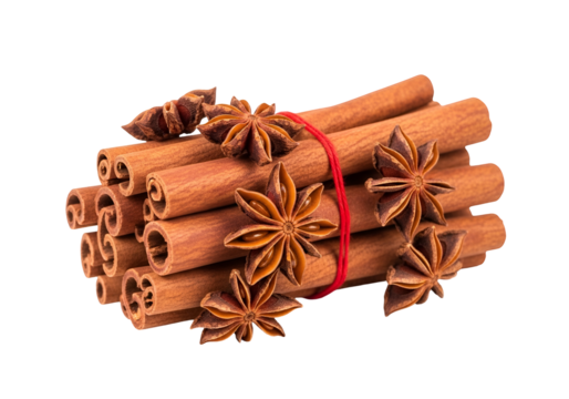 A close-up view of stacked cinnamon sticks and star anise, tied together with a red string, against a pure black background.