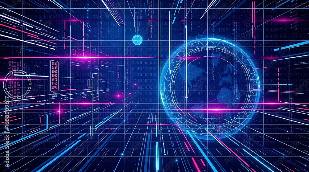 Poster futuristic digital grid background with glowing sphere and lines creating a high tech and modern atm
