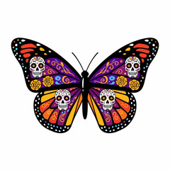 A vibrant monarch butterfly adorned with intricate Day of the Dead sugar skull patterns and floral motifs, showcasing a colorful and artistic representation of cultural symbolism.