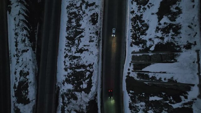 Los Caracoles highway road near Santiago Chile in aerial view. Road at Andes Mountains. Snowing scenery. Snow highway road. Winding curves near Argentina and Chile border