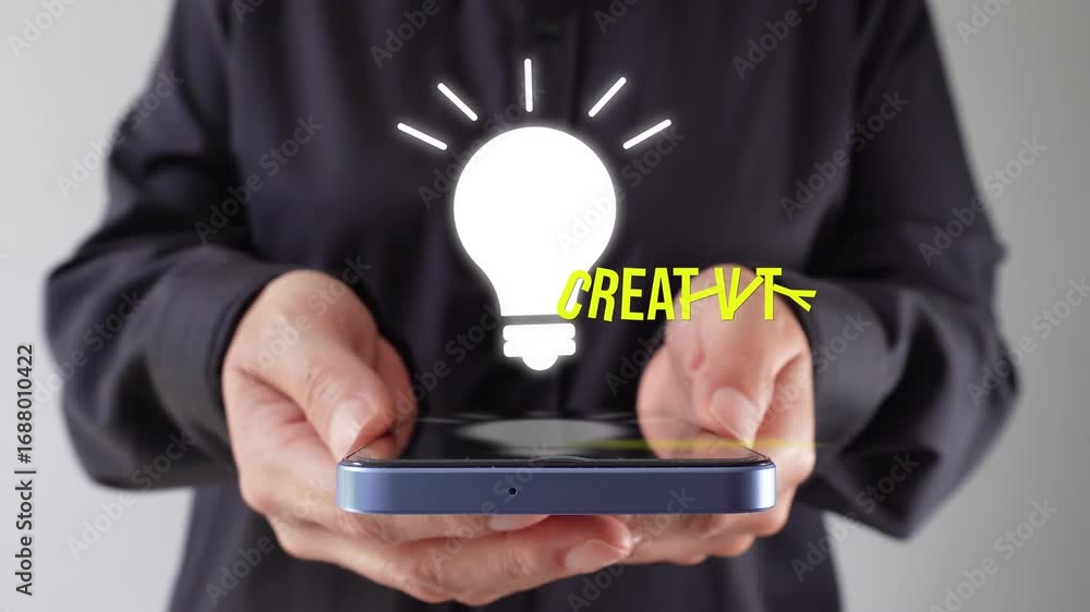 Poster working with creativity, a person showing his cell phone with an animation of a light bulb with the 