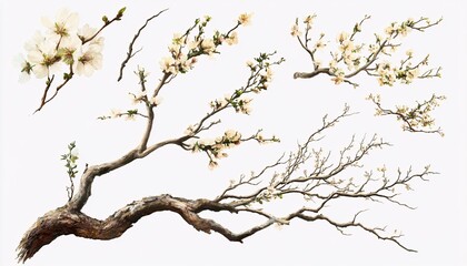 Fototapeta premium The illustration shows several detailed branches with delicate white blossoms, some with buds and others fully bloomed, against a white background.