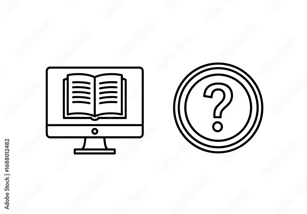 Fototapete a monitor displaying an open book next to a question mark inside of a double lined circle shape