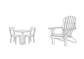 Line drawing showing a round table with two chairs and an adirondack chair on a white plane