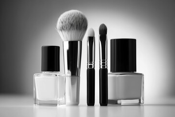 Makeup brushes and cosmetic bottles