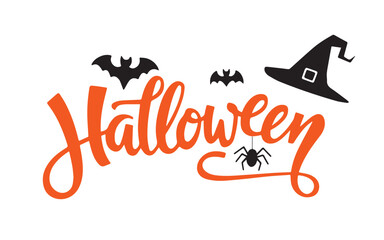 Halloween typographic display features bats, spider, and witches hat in black and orange; transparent background