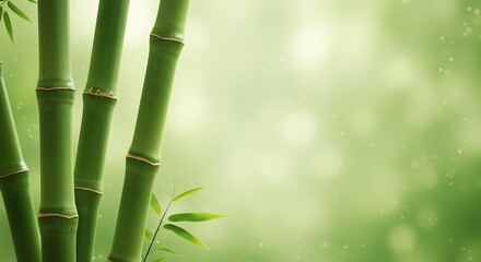 Closeup of vibrant green bamboo stalks against a soft with bokeh background.