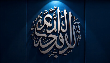 Islamic Calligraphy Wall Art in Silver on Deep Blue Background for Religious or Cultural Decor