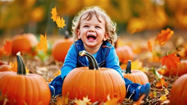 Happy child in a pumpkin patch in autumn. Halloween seasonal fall. Laughing toddler in October..