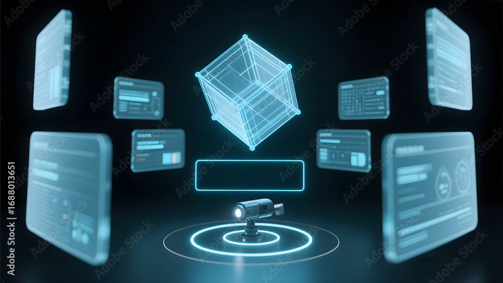 Poster futuristic 3d cube scanning with holographic interfaces