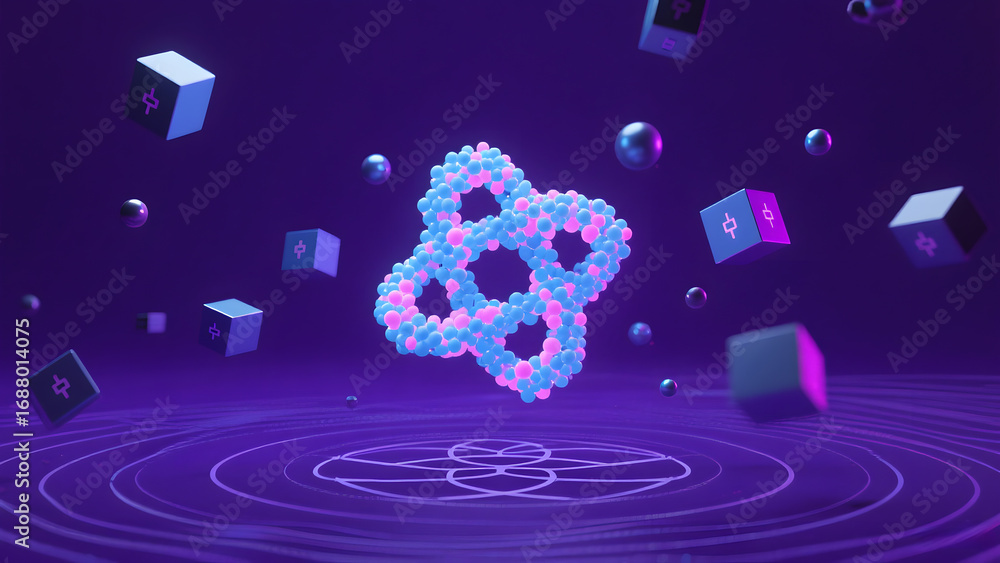 Poster vibrant molecular structure surrounded by floating cubes and spheres in a futuristic setting