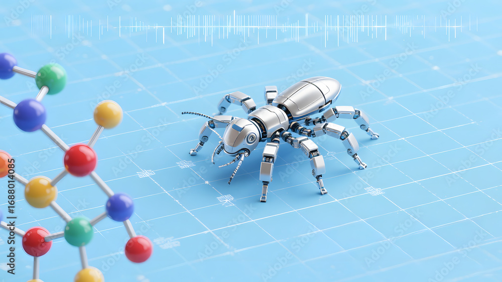 Poster robotic insect on grid with molecular structure