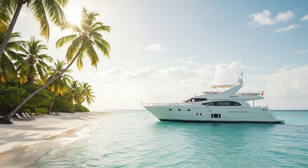 Luxurious Yacht Anchored in Tropical Paradise Palm Trees with Sunny Beach, and Turquoise Water.