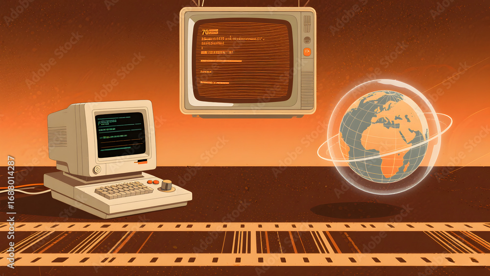 Poster retro computer setup with global connectivity concept