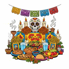 Colorful illustration of a Day of the Dead altar featuring a skull, candles, marigolds, food offerings, and papel picado banners.