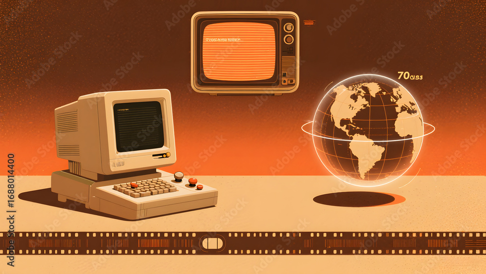 Poster retro computer setup with globe and tv, symbolizing early 70s technology