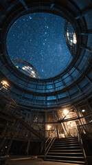 Obraz premium Large telescope observatory dome interior with metal stairs starry night sky, futuristic mood