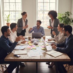 A diverse group of multi-ethnic colleagues is enthusiastically brainstorming around a rustic wooden table in a sunlit office. Laptops, papers with charts, and numerous colorful sticky notes 