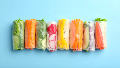 Fresh and Colorful Spring Rolls Arrayed: A vibrant array of fresh spring rolls, each packed with an assortment of colorful, raw vegetables, offers a tempting glimpse into a delicious.