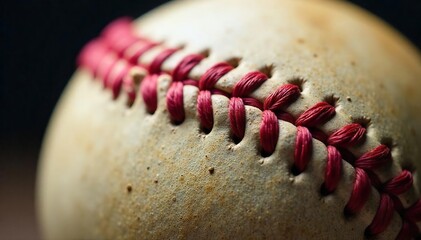 Close-up shot of colorful stitches on a worn-out baseball, highlighting the meticulous craftsmanship and the game's history , thread, athletic, antique