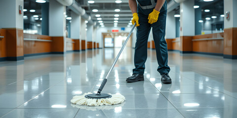 Fototapeta premium A janitor in uniform, wearing protective gloves, mopping a shiny tiled floor under bright lights