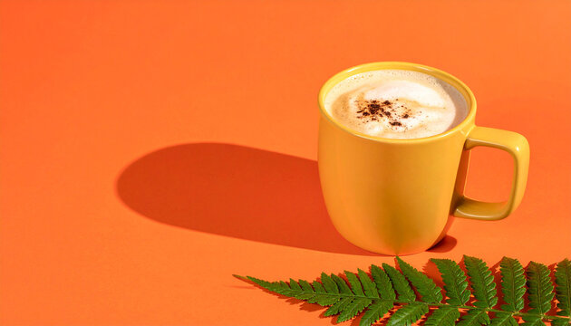 Morning Brew: A vibrant yellow mug filled with creamy coffee, complete with delicate foam and chocolate sprinkle, sits gracefully on an orange surface. A fern frond adds a touch of natural elegance.