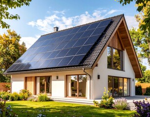 Fototapeta premium Solar Panels on Modern House Roof under Clear Blue Sky