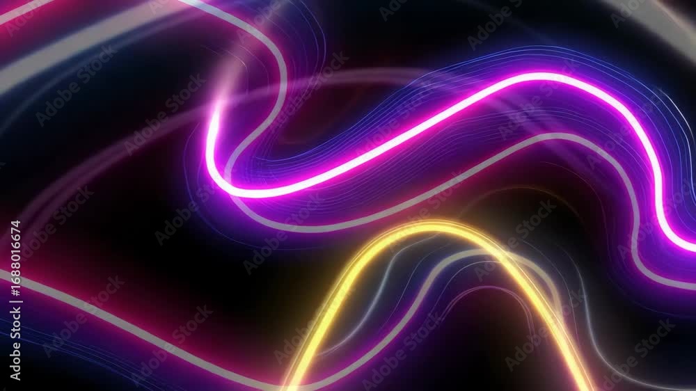 Poster vibrant neon light waves flowing dynamically in a dark background
