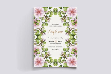 WEDDING INVITATION FRAME WITH FLOWER DECORATIONS AND FRESH LEAVES
