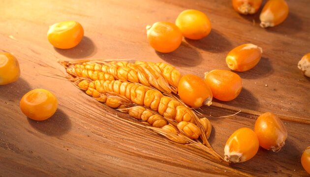 Golden kernels of corn on a wooden surface