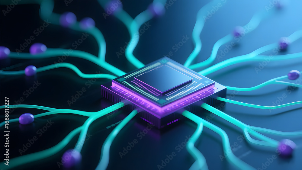 Poster central processing unit with illuminated neural network connections