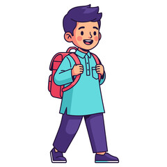 Cheerful Boy in Traditional Outfit Carrying a Backpack.