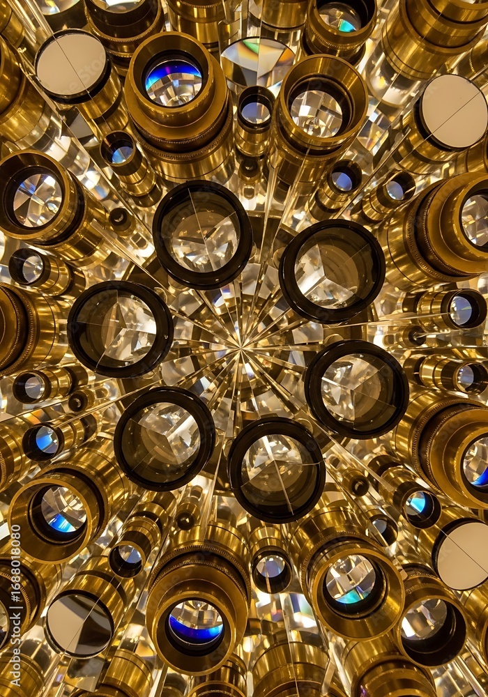 Poster intricate geometric lens array reflecting light creating a kaleidoscopic perspective evoking technol