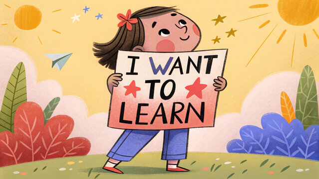 A girl holds a sign that says "I WANT TO LEARN." The image can be used on websites and blogs related to education, childhood development, and learning. The style is a digital illustration.

